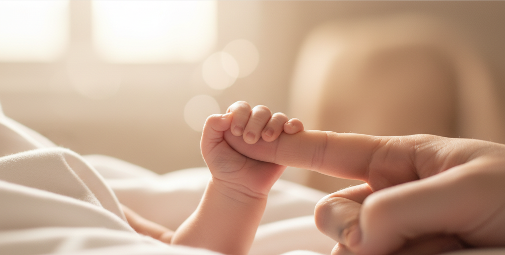 Child's hand holding an adult's finger, symbolizing care and hope